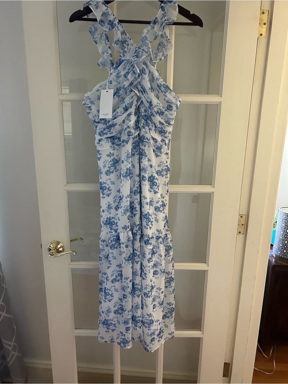 Grace Karin Blue and White Floral Ruffle Maxi Dress